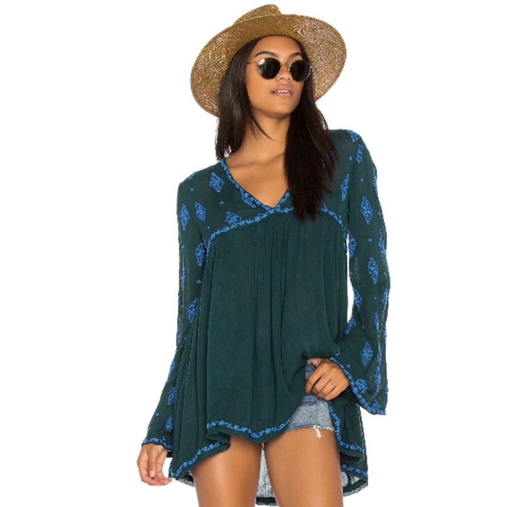 Free People Diamond Embroidered Bell Sleeve Top in Dark Green